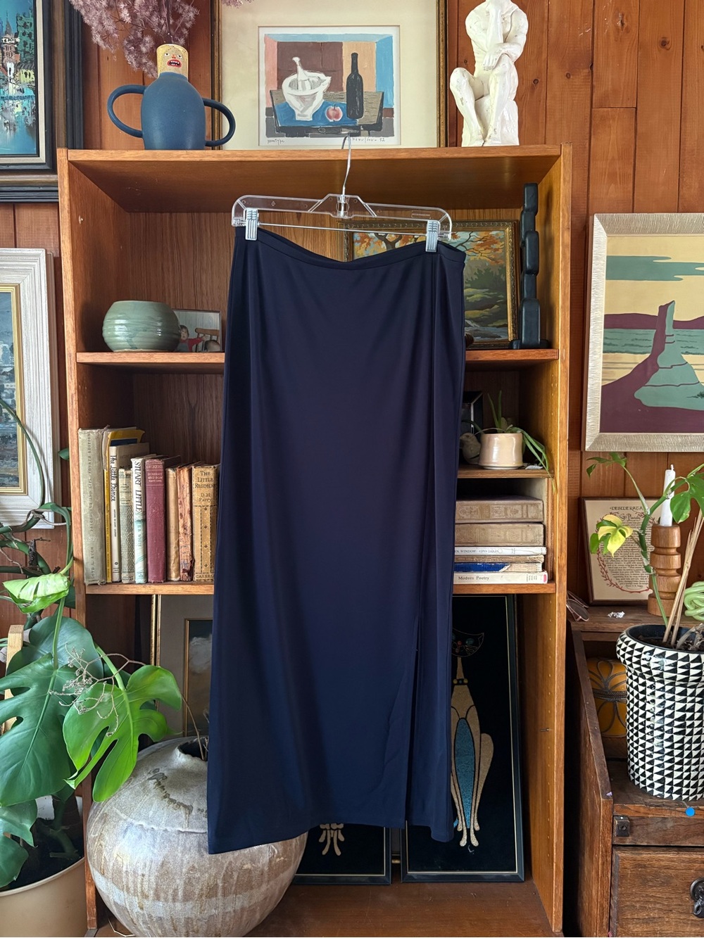 90s VTG Navy Maxi Slit Elasticated Skirt L